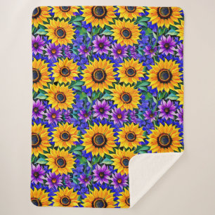 Purple Flowers and Yellow Sunflowers Floral Sherpa Blanket