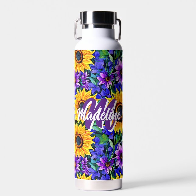Purple Flowers and Yellow Sunflowers Personalized Water Bottle (Front)