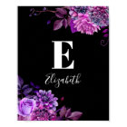 Purple flowers. Baby girl monogram. Black nursery