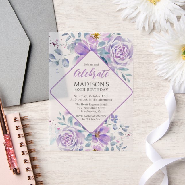 Purple Flowers Birthday  Vellum Invitations (Wedding)