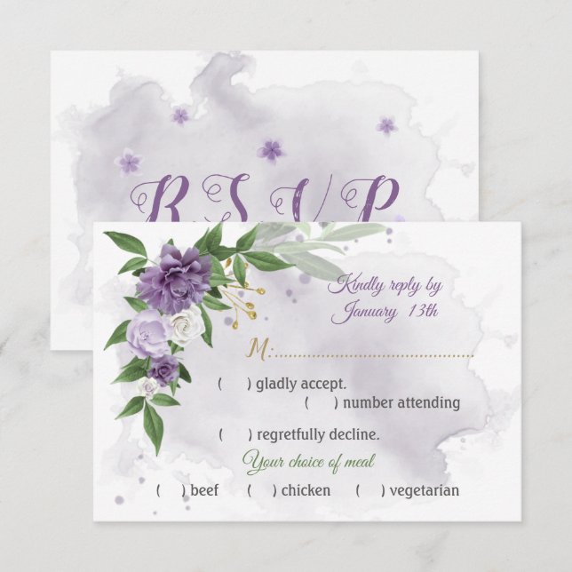 purple flowers botanical meal choice  RSVP card (Front/Back)