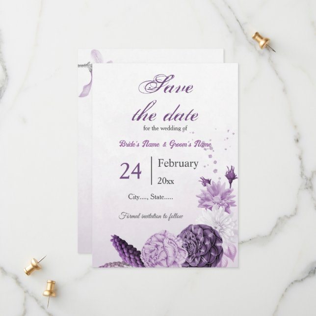 purple flowers botanical wedding save the date (Front/Back In Situ)