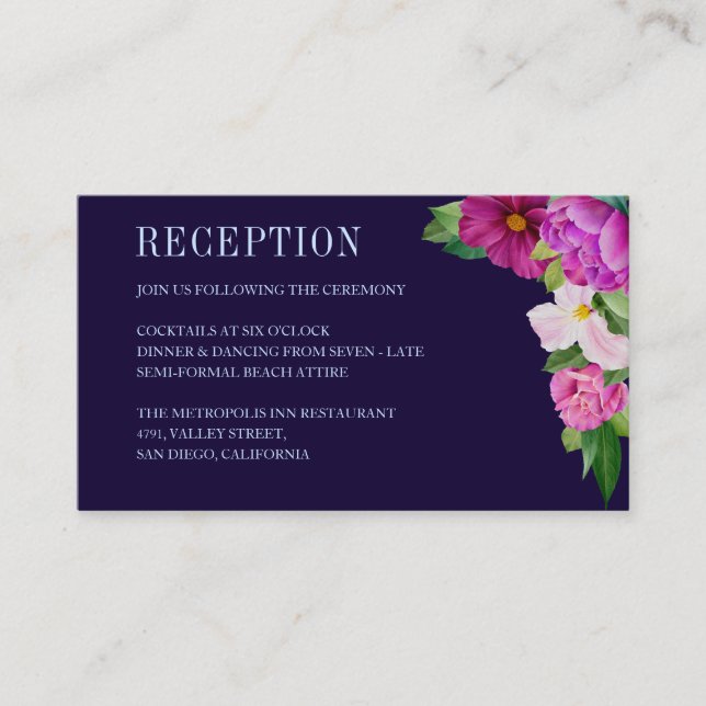 Purple Flowers Bouquet Blue Wedding Reception Enclosure Card (Front)