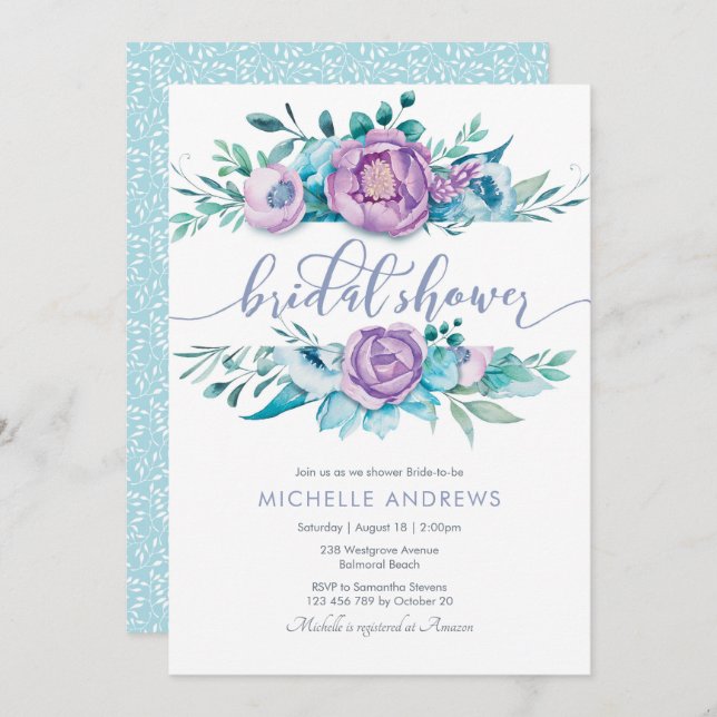 Purple Flowers Bridal Shower Invitation (Front/Back)