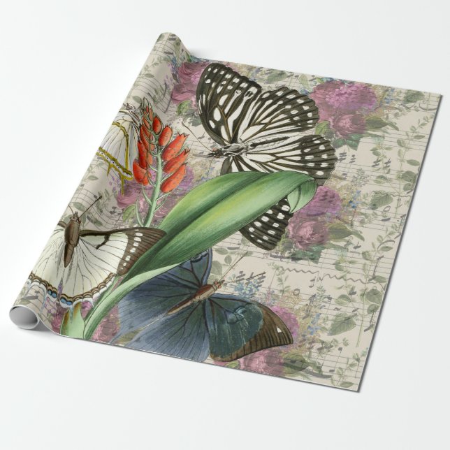 Purple Flowers, Butterflies with Music Wrapping Paper (Unrolled)