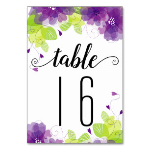 Purple flowers calligraphy flloral wedding table number