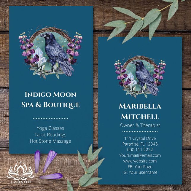 Purple Flowers Celestial Raven Crystals Wreath  Business Card (Creator Uploaded)