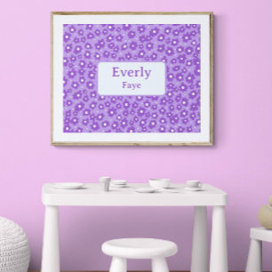 Purple Flowers Custom Name Kids Room Nursery Art Poster