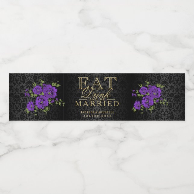 Purple Flowers - Eat, Drink and Be Married Water Bottle Label (Single Label)