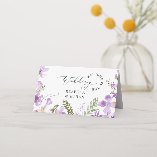 Purple Flowers Elegant Wedding Place Card (Back)