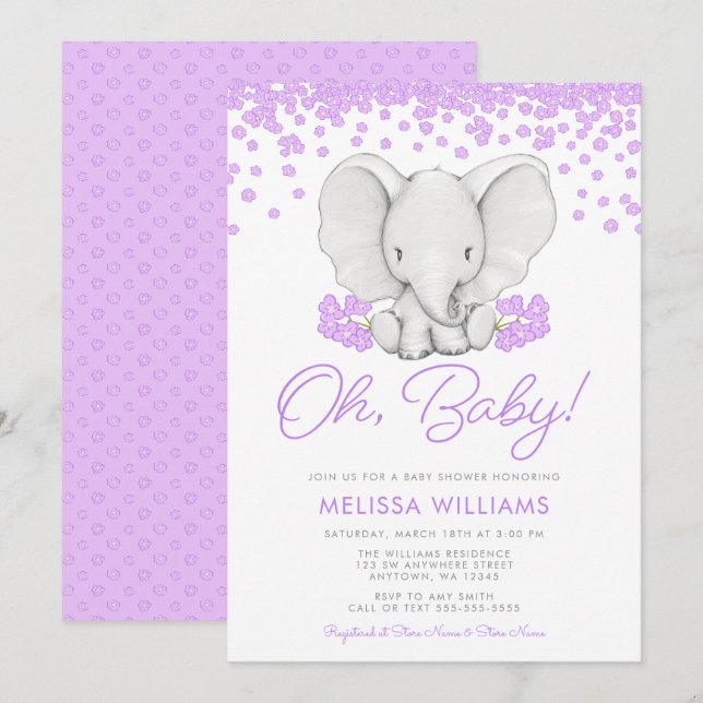 Purple Flowers Elephant Girl Baby Shower Invites (Front/Back)