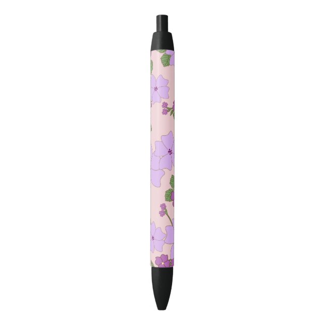Purple Flowers, Floral Pattern, Pattern Of Flowers Black Ink Pen (Front Vertical)