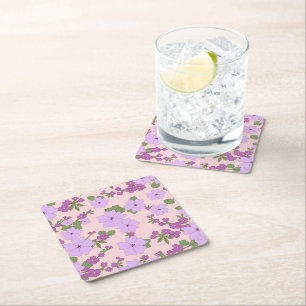 Purple Flowers, Floral Pattern, Pattern Of Flowers Square Paper Coaster