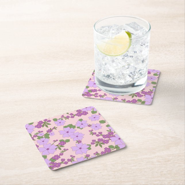 Purple Flowers, Floral Pattern, Pattern Of Flowers Square Paper Coaster (Insitu)