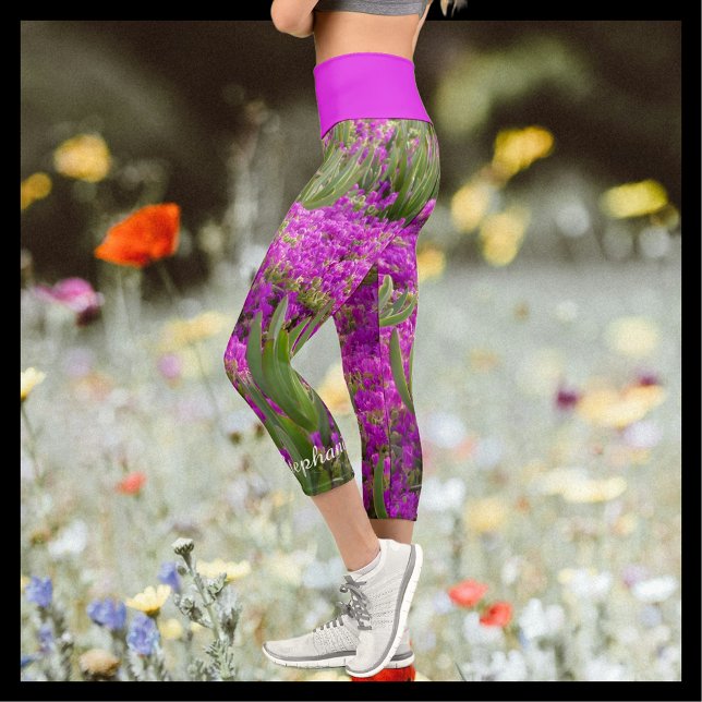 Purple Flowers Floral Personalized Name Capri Leggings (Creator Uploaded)