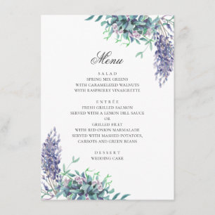 Purple flowers. Garden floral wedding. Lavender Menu