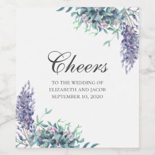 Purple flowers. Garden floral wedding. Lavender Wine Label
