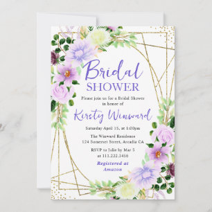 Purple Flowers Gold Frame Bridal Shower Invitation