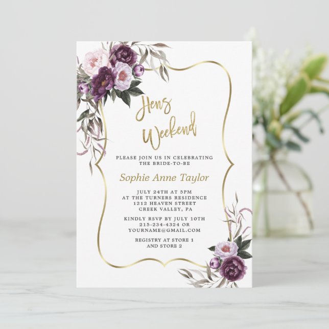 Purple Flowers Gold Hens Bachelorette Weekend  Invitation (Standing Front)