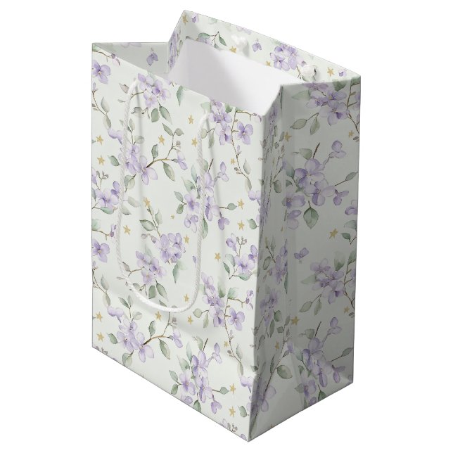 Purple Flowers Gold Stars Moons Baby Shower Medium Gift Bag (Front Angled)