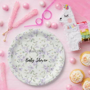 Purple Flowers Gold Stars Moons Baby Shower Paper Plate