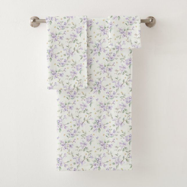 Purple Flowers Gold Stars Moons Bath Towel Set (Insitu)