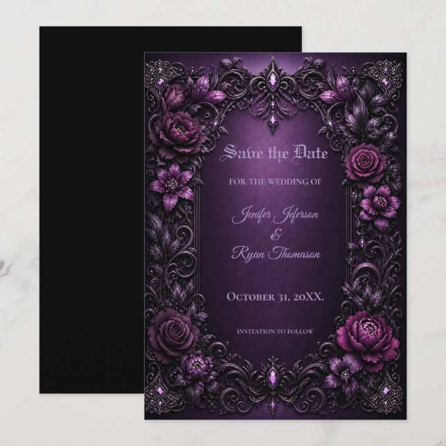 Purple  Flowers Gothic Save the date invitation (Front/Back)