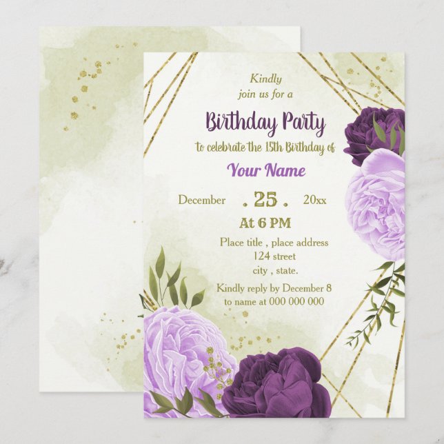 purple flowers green leaves birthday invitation (Front/Back)