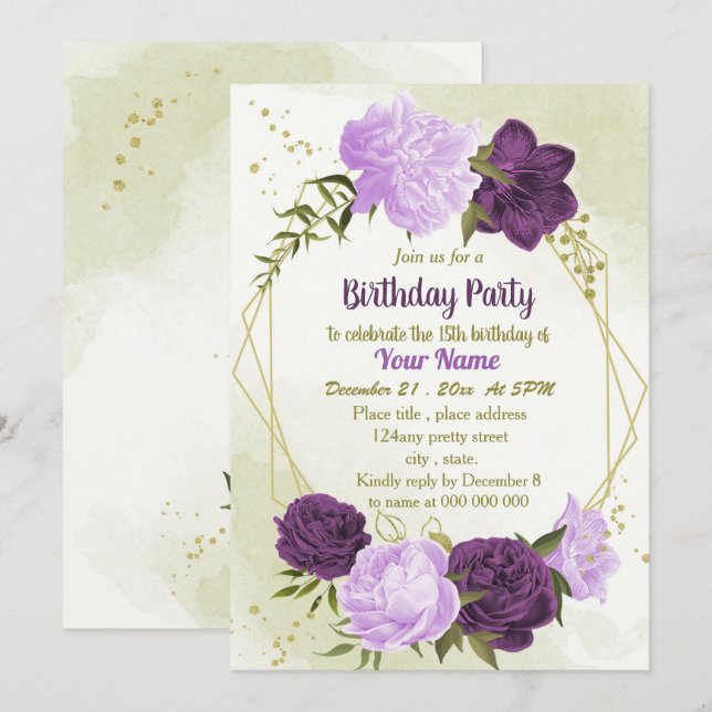 purple flowers green leaves birthday invitation (Front/Back)