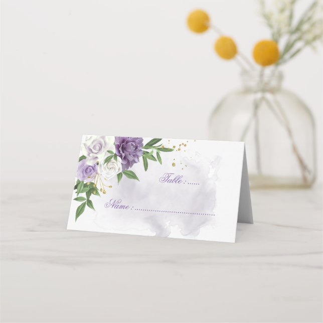 purple flowers green leaves botanical place card (Front)