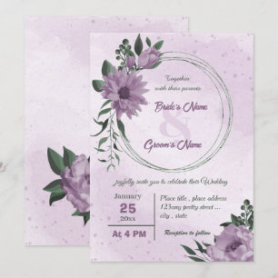 purple flowers green leaves botanical wedding  invitation
