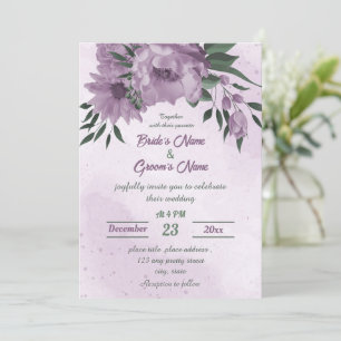 purple flowers green leaves botanical wedding  invitation