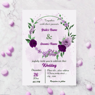 Purple flowers green leaves botanical wedding invitation