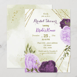 purple flowers green leaves bridal shower invitation