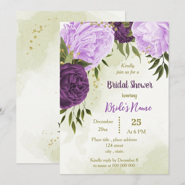 purple flowers green leaves bridal shower invitation (Front/Back)
