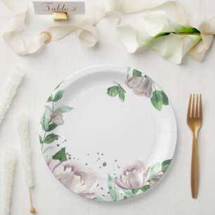 purple flowers green leaves butterflies paper plate