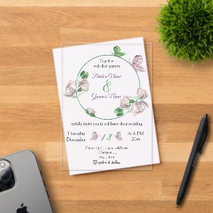 purple flowers green leaves butterflies wedding a acrylic invitations