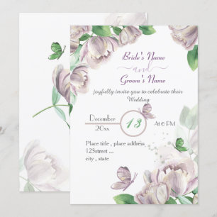 purple flowers green leaves butterflies wedding in invitation