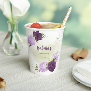 purple flowers green leaves paper cups