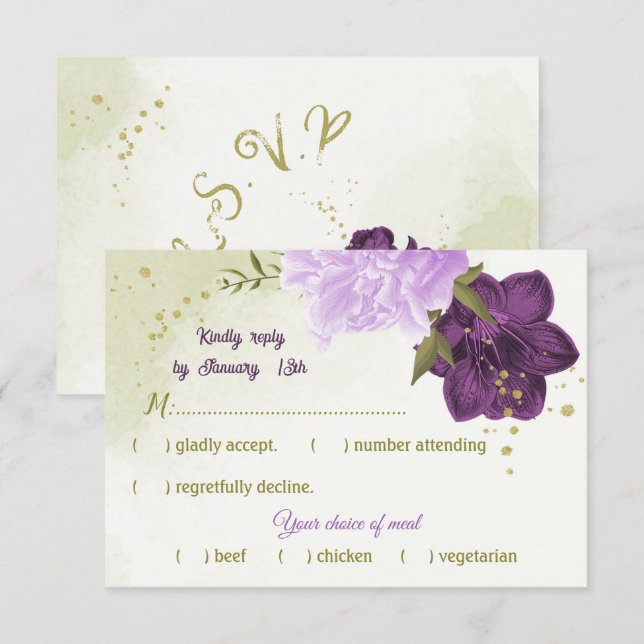 purple flowers green leaves RSVP card (Front/Back)