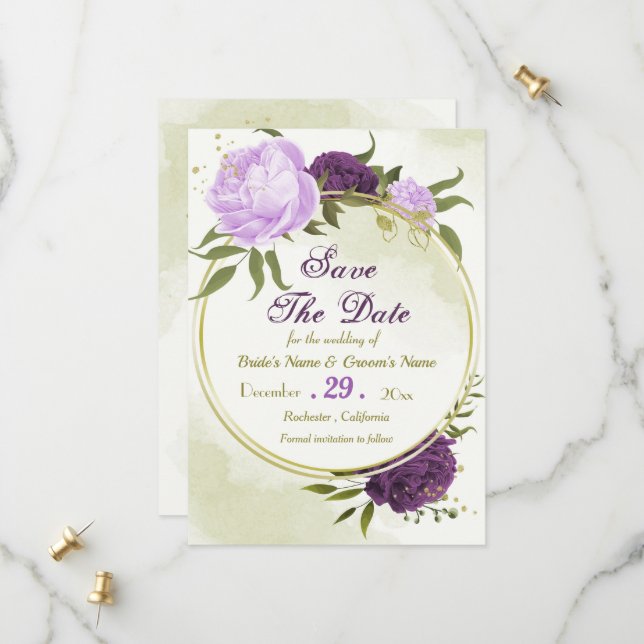 purple flowers green leaves save the date (Front/Back In Situ)