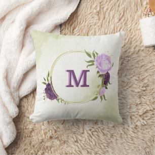 purple flowers green leaves throw pillow