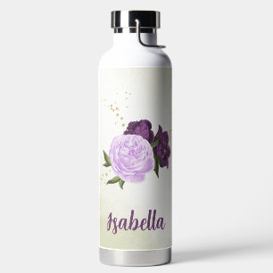 purple flowers green leaves  water bottle