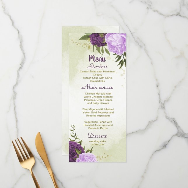 purple flowers green leaves wedding menu (Front/Back In Situ)