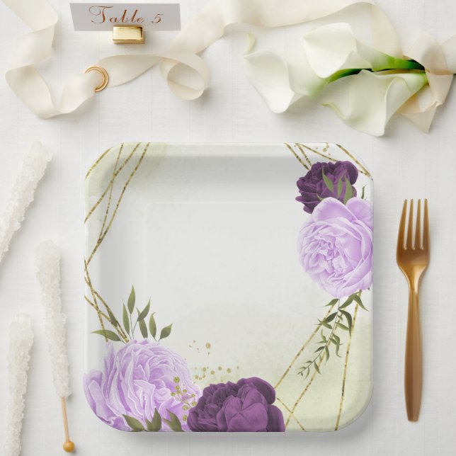 purple flowers green leaves wedding paper plate (Wedding)