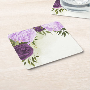 purple flowers green leaves wedding square paper coaster