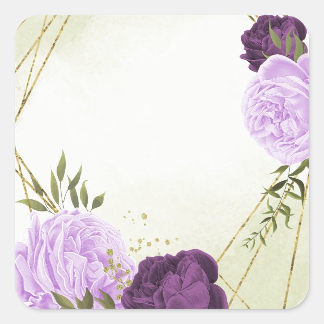 purple flowers green leaves wedding square sticker (Front)
