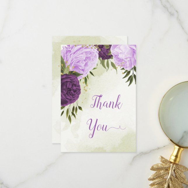 purple flowers green leaves wedding thank you card (Front/Back In Situ)