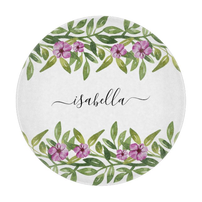 Purple flowers, greenery and typography spring cutting board (Front)
