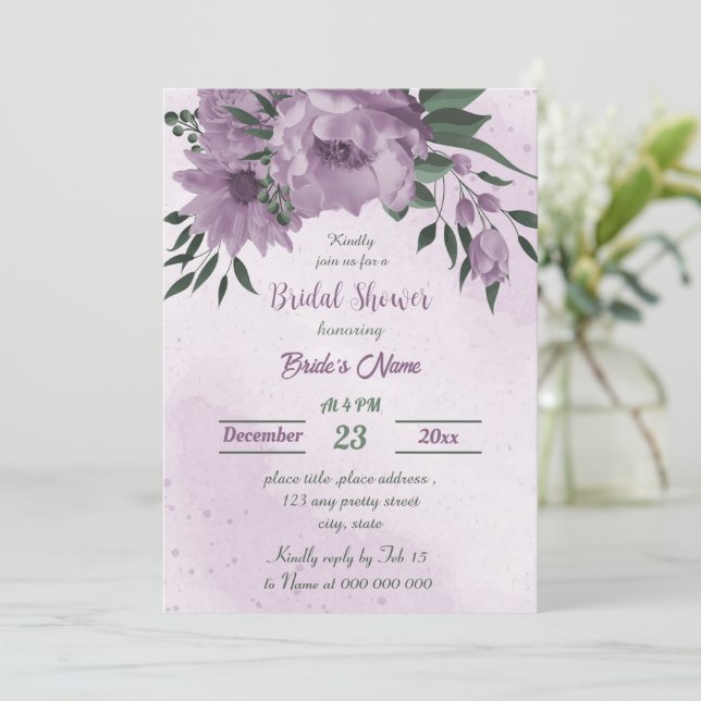purple flowers greenery botanical bridal shower invitation (Standing Front)